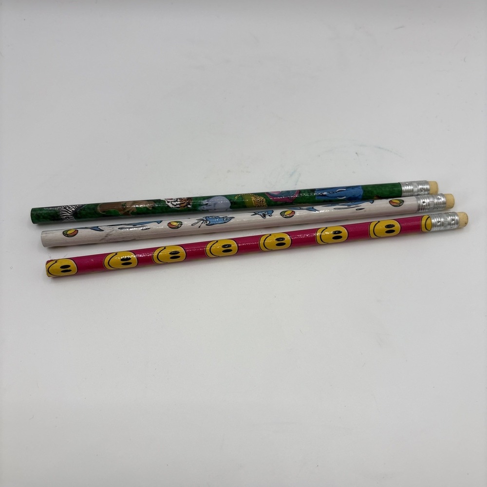 Vintage Lot Of 3 Unsharpened Kids Pencils‎ Animals Zoo Smiley Face Emoji Dolphin